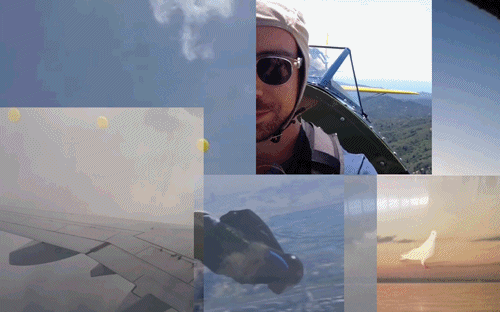 An animated Sawbaum montage: a pilot in goggles, an airplane wing, a bird over water, and clouds layered over one another